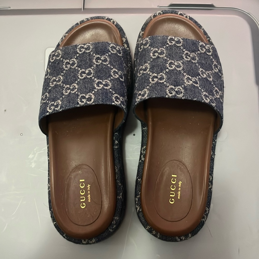 Authentic Gucci GG Logo Denim Slides